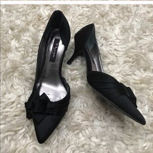 Black satin pointy dress shoes